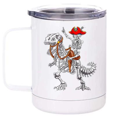 Skeleton Pirate Riding Skeleton Dinosaur Halloween Spooky 12 oz Stainless Steel Tumbler Cup