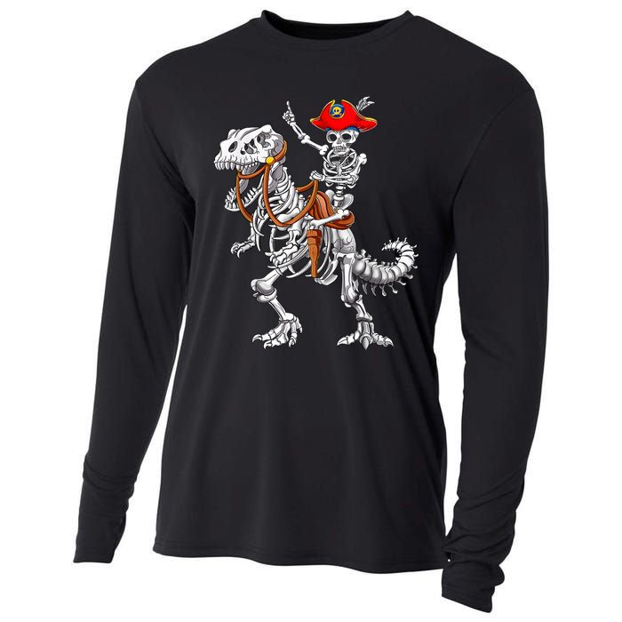 Skeleton Pirate Riding Skeleton Dinosaur Halloween Spooky Cooling Performance Long Sleeve Crew