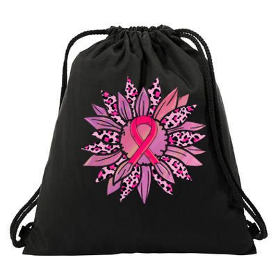 Sunflower Pink Ribbon Breast Cancer Awareness Warrior Drawstring Bag