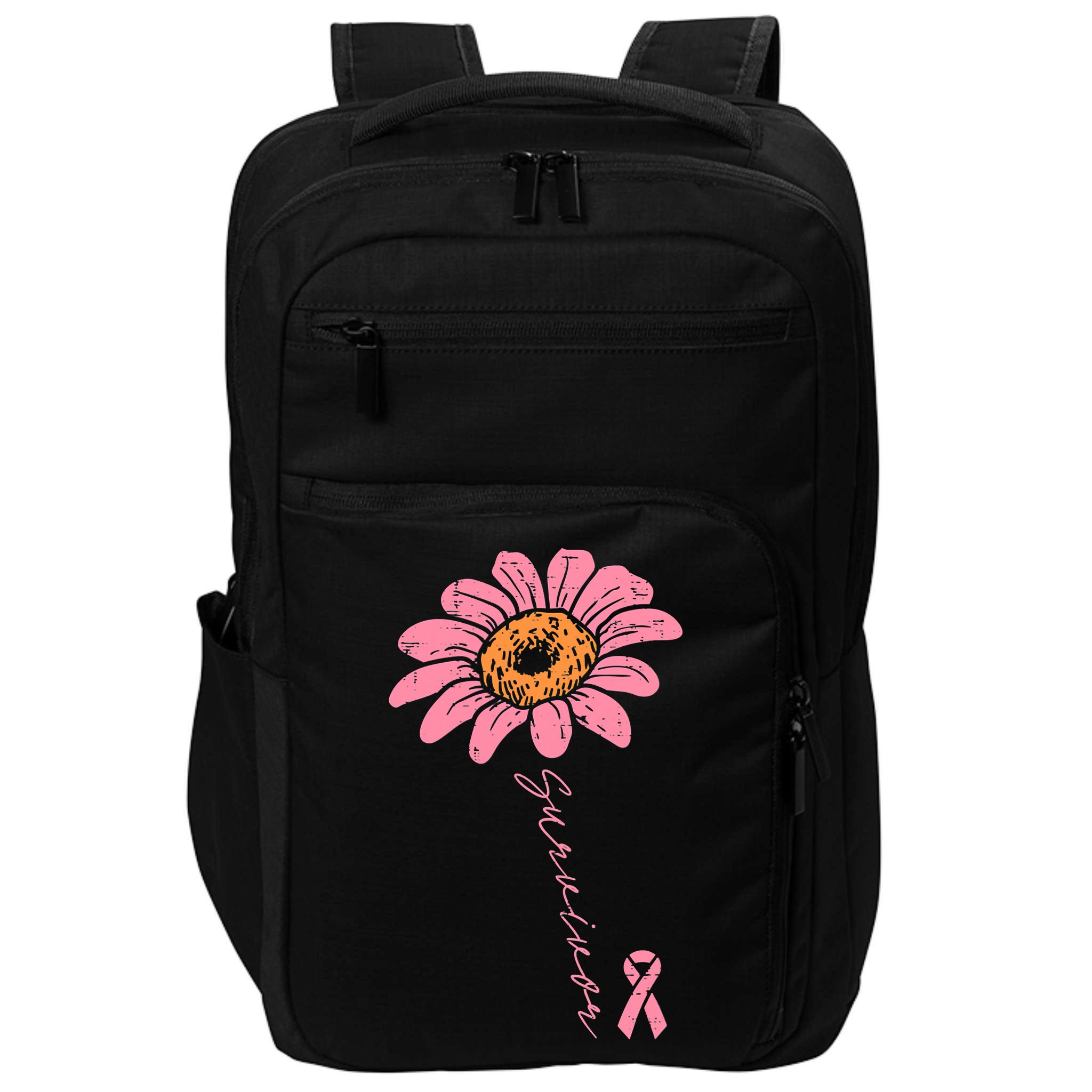 Sunflower Pink Ribbon Breast Cancer Survivor Awareness Impact Tech Backpack
