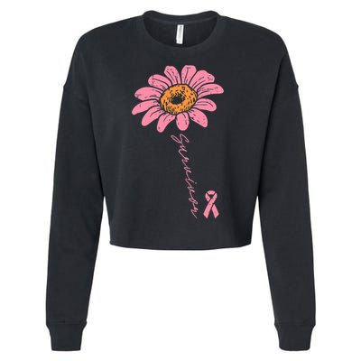 Sunflower Pink Ribbon Breast Cancer Survivor Awareness Cropped Pullover Crew