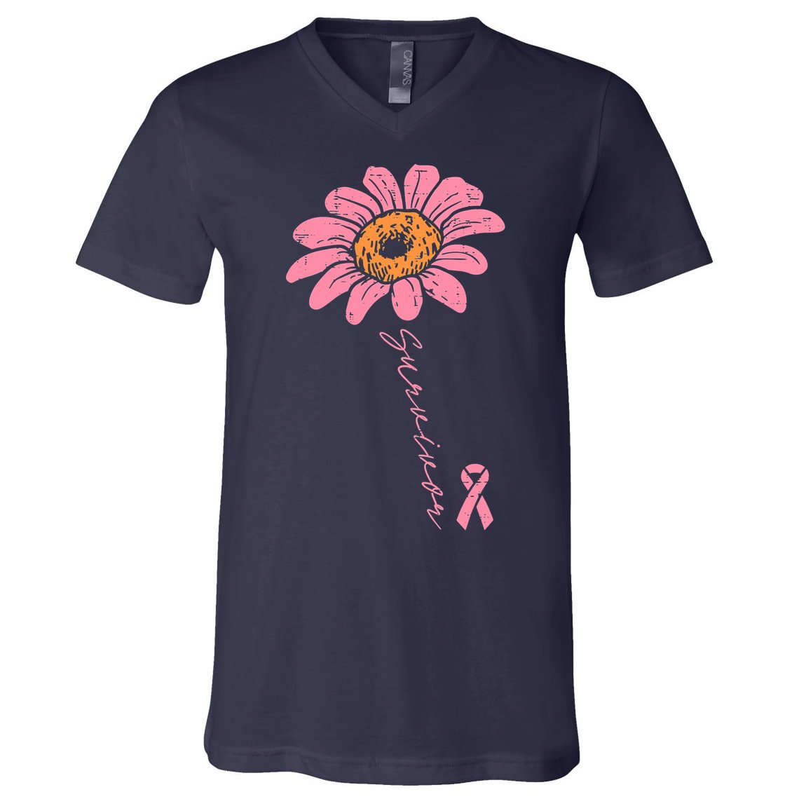 Sunflower Pink Ribbon Breast Cancer Survivor Awareness V-Neck T-Shirt