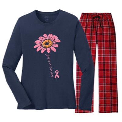 Sunflower Pink Ribbon Breast Cancer Survivor Awareness Women's Long Sleeve Flannel Pajama Set 