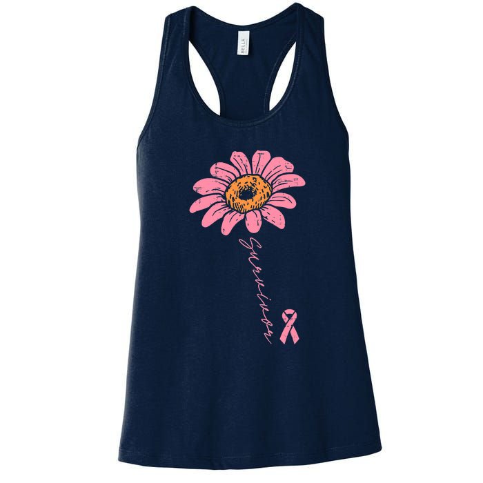 Sunflower Pink Ribbon Breast Cancer Survivor Awareness Women's Racerback Tank