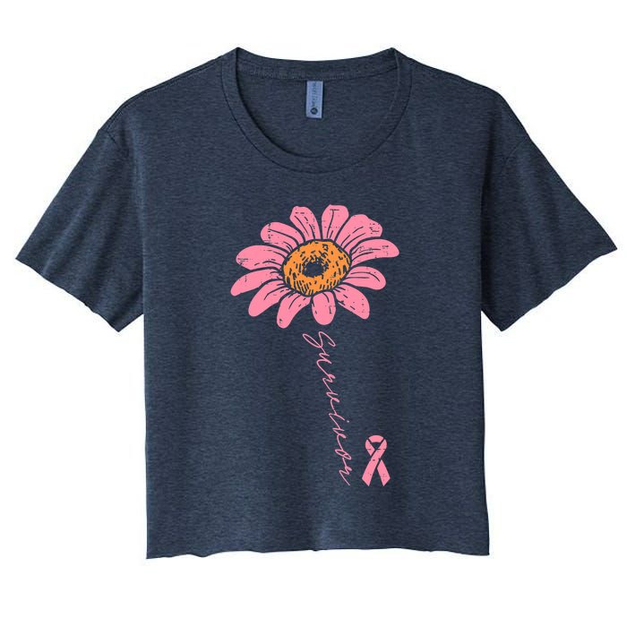 Sunflower Pink Ribbon Breast Cancer Survivor Awareness Women's Crop Top Tee