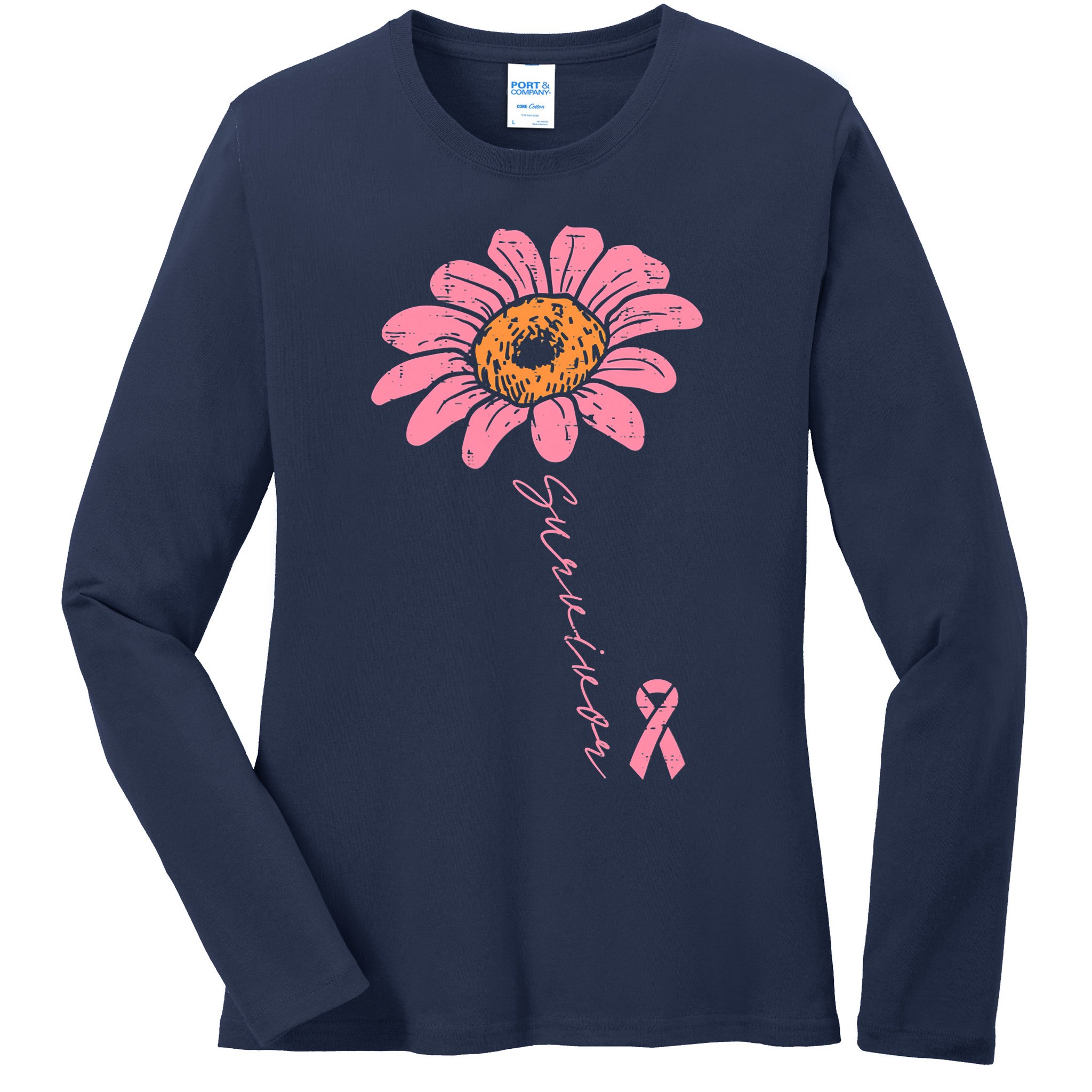 Sunflower Pink Ribbon Breast Cancer Survivor Awareness Ladies Long Sleeve Shirt