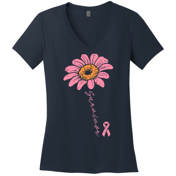 Sunflower Pink Ribbon Breast Cancer Survivor Awareness Women's V-Neck T-Shirt