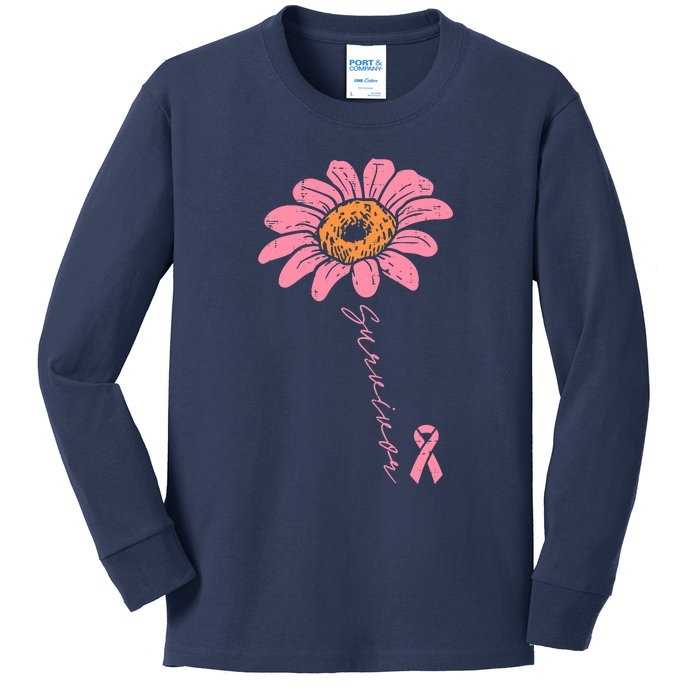 Sunflower Pink Ribbon Breast Cancer Survivor Awareness Kids Long Sleeve Shirt