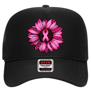 Sunflower Pink Ribbon Breast Cancer Awareness High Crown Mesh Back Trucker Hat