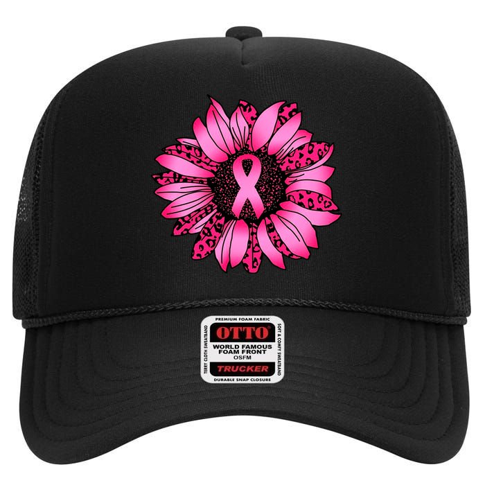 Sunflower Pink Ribbon Breast Cancer Awareness High Crown Mesh Back Trucker Hat