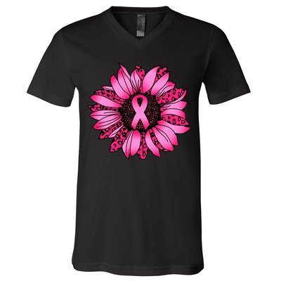 Sunflower Pink Ribbon Breast Cancer Awareness V-Neck T-Shirt