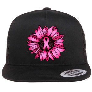 Sunflower Pink Ribbon Breast Cancer Awareness Flat Bill Trucker Hat