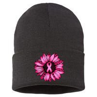 Sunflower Pink Ribbon Breast Cancer Awareness Sustainable Knit Beanie