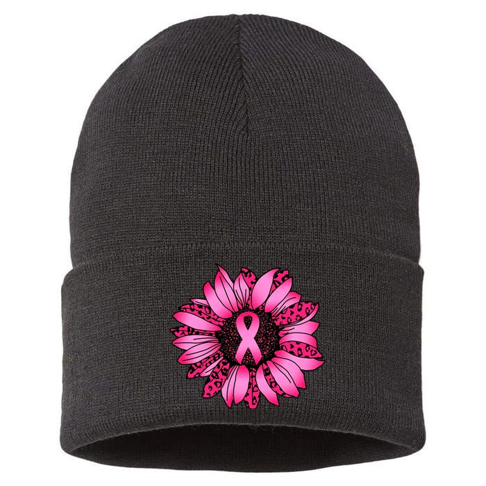 Sunflower Pink Ribbon Breast Cancer Awareness Sustainable Knit Beanie