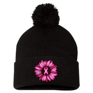 Sunflower Pink Ribbon Breast Cancer Awareness Pom Pom 12in Knit Beanie