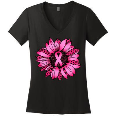 Sunflower Pink Ribbon Breast Cancer Awareness Women's V-Neck T-Shirt