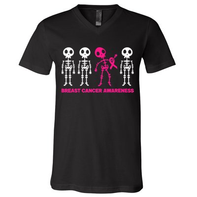 Skeleton Pink Ribbon Breast Cancer Awareness Halloween Boys V-Neck T-Shirt