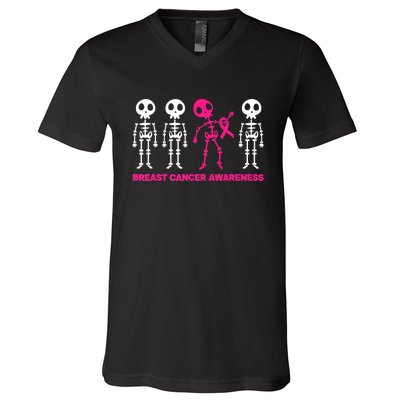 Skeleton Pink Ribbon Breast Cancer Awareness Halloween Boys V-Neck T-Shirt