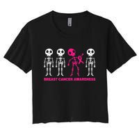 Skeleton Pink Ribbon Breast Cancer Awareness Halloween Boys Women's Crop Top Tee