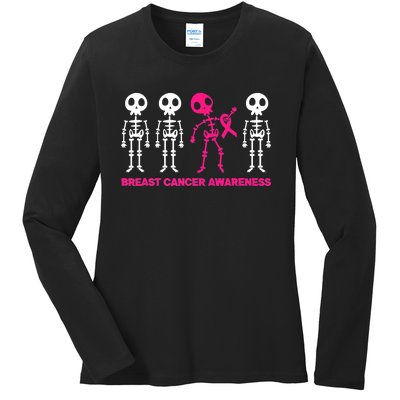 Skeleton Pink Ribbon Breast Cancer Awareness Halloween Boys Ladies Long Sleeve Shirt