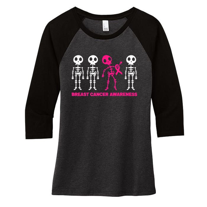 Skeleton Pink Ribbon Breast Cancer Awareness Halloween Boys Women's Tri-Blend 3/4-Sleeve Raglan Shirt