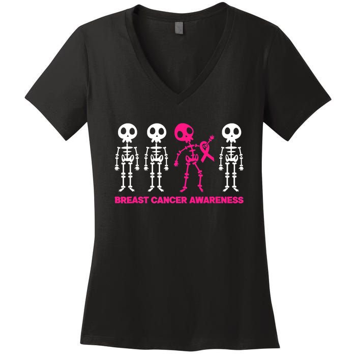 Skeleton Pink Ribbon Breast Cancer Awareness Halloween Boys Women's V-Neck T-Shirt