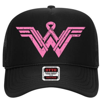 Superhero Pink Ribbon Breast Cancer Awareness Mom Wife Gift High Crown Mesh Back Trucker Hat