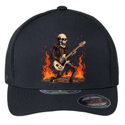 Skeleton Playing Rock And Roll Around Fire Rock On Band Cute Gift Flexfit Unipanel Trucker Cap