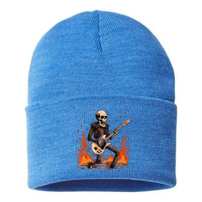 Skeleton Playing Rock And Roll Around Fire Rock On Band Cute Gift Sustainable Knit Beanie