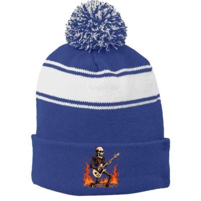 Skeleton Playing Rock And Roll Around Fire Rock On Band Cute Gift Stripe Pom Pom Beanie