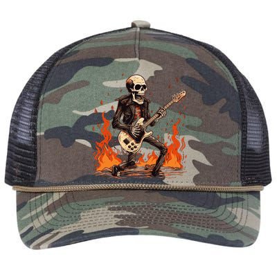 Skeleton Playing Rock And Roll Around Fire Rock On Band Cute Gift Retro Rope Trucker Hat Cap