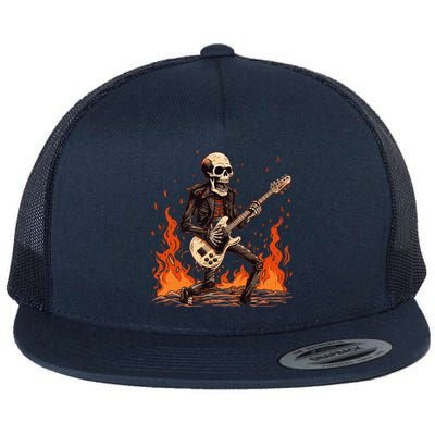 Skeleton Playing Rock And Roll Around Fire Rock On Band Cute Gift Flat Bill Trucker Hat