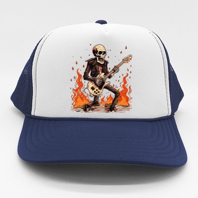 Skeleton Playing Rock And Roll Around Fire Rock On Band Cute Gift Trucker Hat