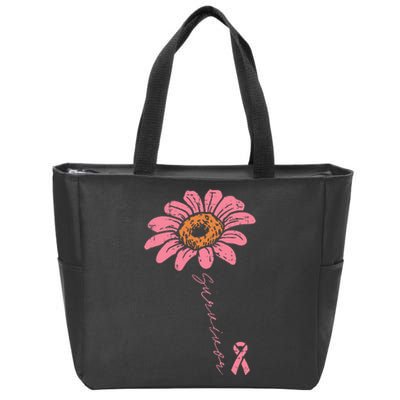 Sunflower Pink Ribbon Breast Cancer Survivor Awareness Zip Tote Bag