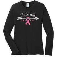 Survivor Pink Ribbon Breast Cancer Awareness Arrow Ladies Long Sleeve Shirt