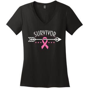 Survivor Pink Ribbon Breast Cancer Awareness Arrow Women's V-Neck T-Shirt