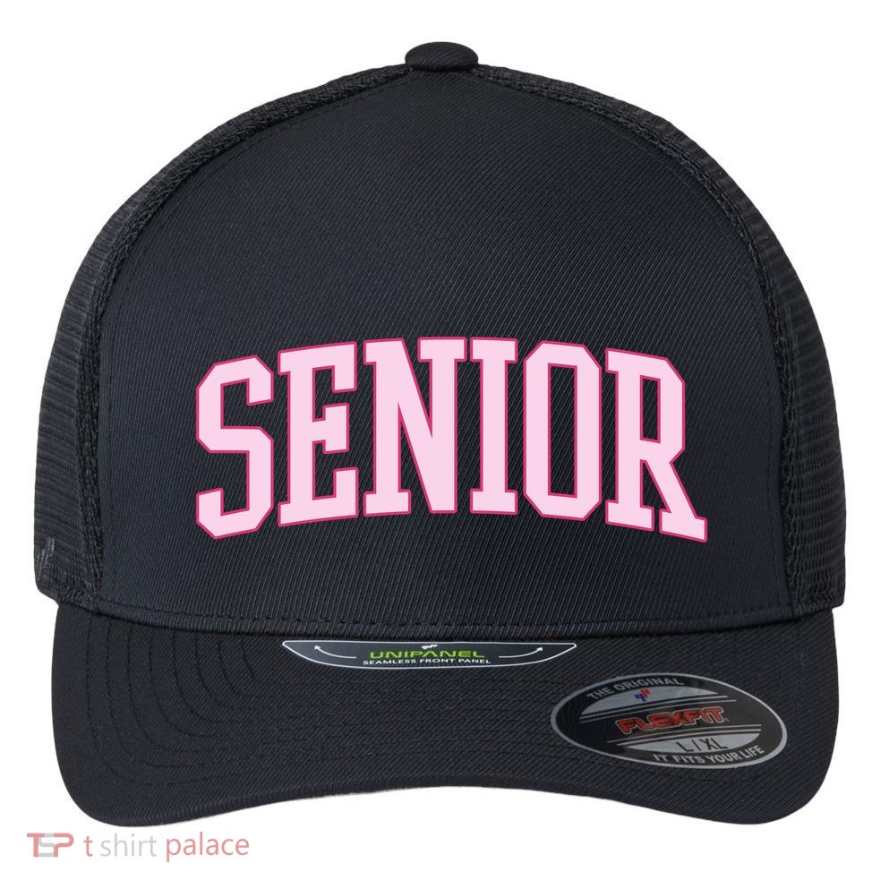 Senior Pink Retro Graduation Flexfit Unipanel Trucker Cap