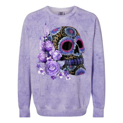 Sugar Purple Rose Skull Floral Colorblast Crewneck Sweatshirt