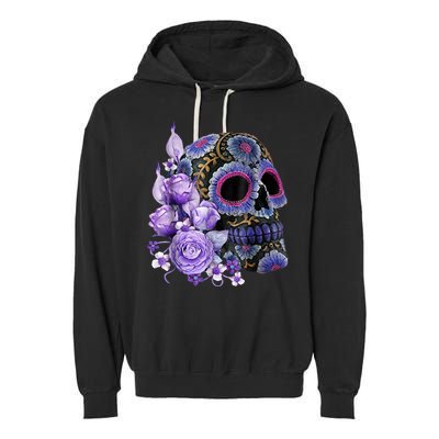 Sugar Purple Rose Skull Floral Garment-Dyed Fleece Hoodie