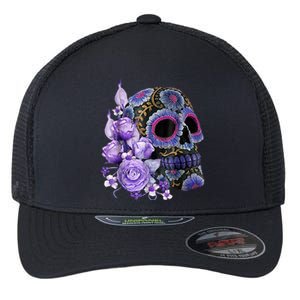 Sugar Purple Rose Skull Floral Flexfit Unipanel Trucker Cap