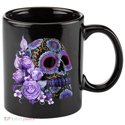 Sugar Purple Rose Skull Floral 11oz C Handle Ceramic Mug