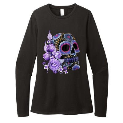 Sugar Purple Rose Skull Floral Womens CVC Long Sleeve Shirt