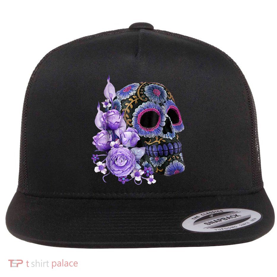 Sugar Purple Rose Skull Floral Flatbill Hat