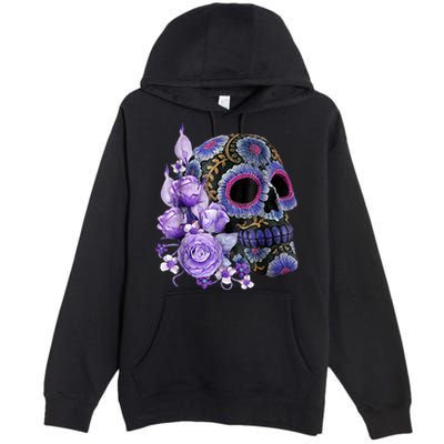 Sugar Purple Rose Skull Floral Premium Pullover Hoodie