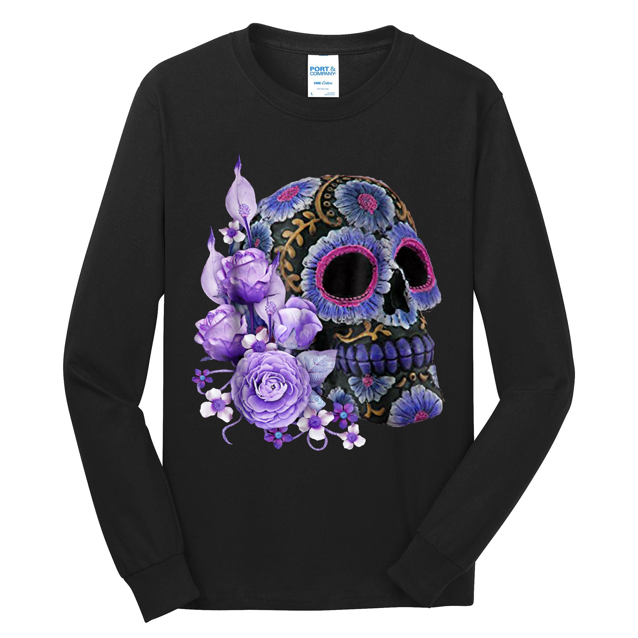 Sugar Purple Rose Skull Floral Tall Long Sleeve T-Shirt