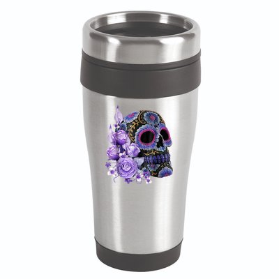 Sugar Purple Rose Skull Floral 16oz Travel Tumbler