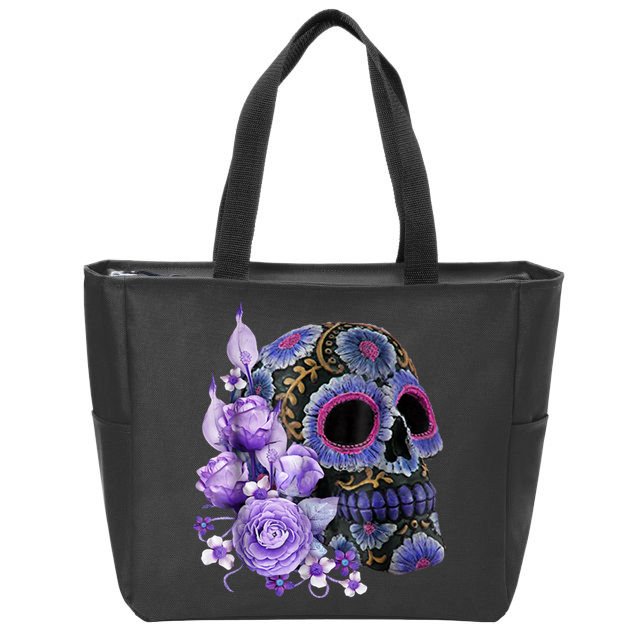 Sugar Purple Rose Skull Floral Zip Tote Bag