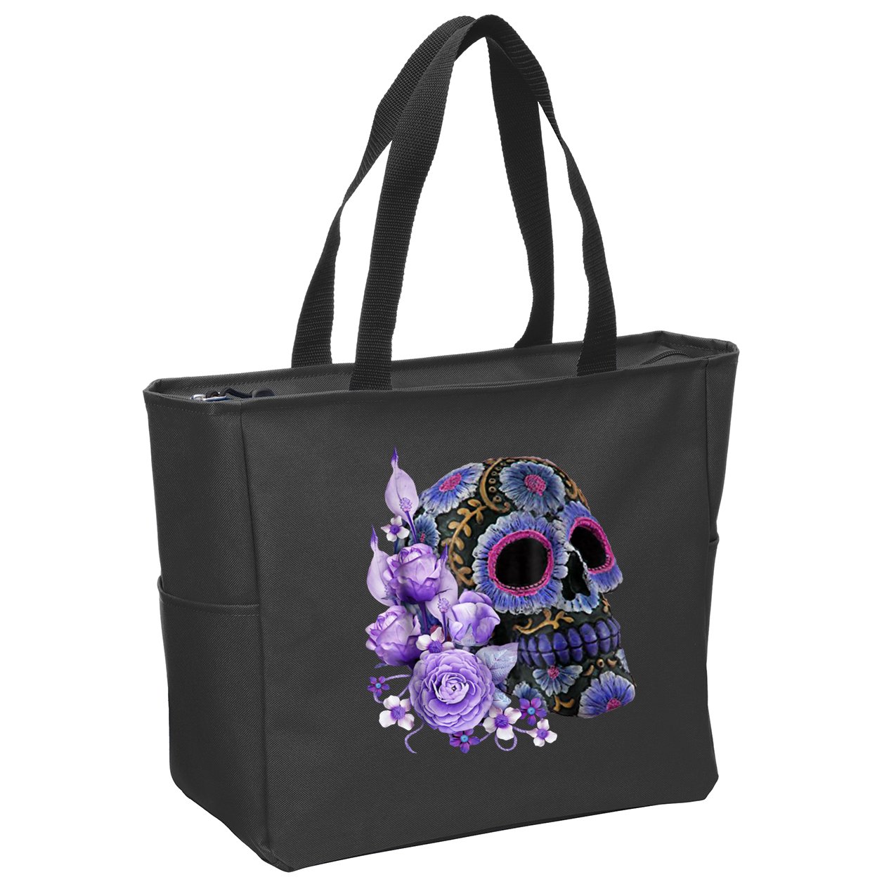 Sugar Purple Rose Skull Floral Zip Tote Bag