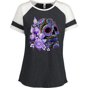 Sugar Purple Rose Skull Floral Enza Ladies Jersey Colorblock Tee