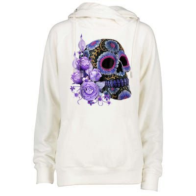 Sugar Purple Rose Skull Floral Womens Funnel Neck Pullover Hood